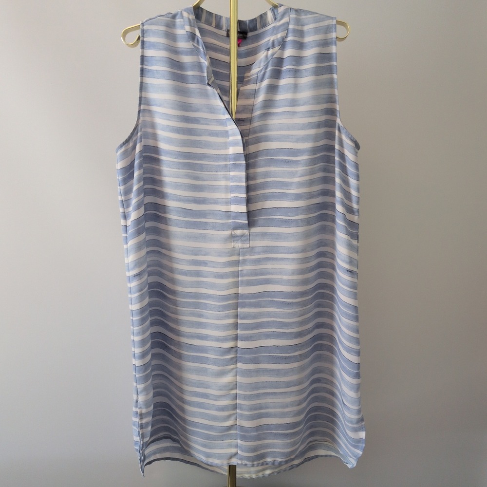 Vince Camuto Tank High Low Dress Women XL Blue Striped Sleeveless Split Neck
